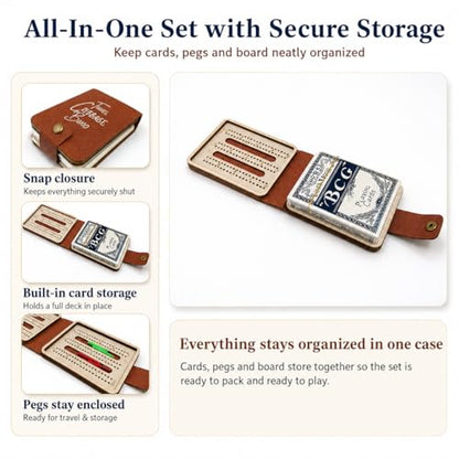 Portable Cribbage Board Set, Premium Leather Foldable Cribbage Game with Playing Card & Pegs, Pocket Size for Camping, Travel, Adventures & Unique Gift for Father's Day, Christmas & Cribbage Lovers