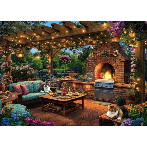 MINIWAN 1000 Piece Jigsaw Puzzle for Adults - Challenging Garden Patio Scene with Twinkling Lights, Vibrant Hydrangeas - 27.5"x19.7" Art Puzzle, Unique Gift for Game Nights - color: Garden Patio Scene