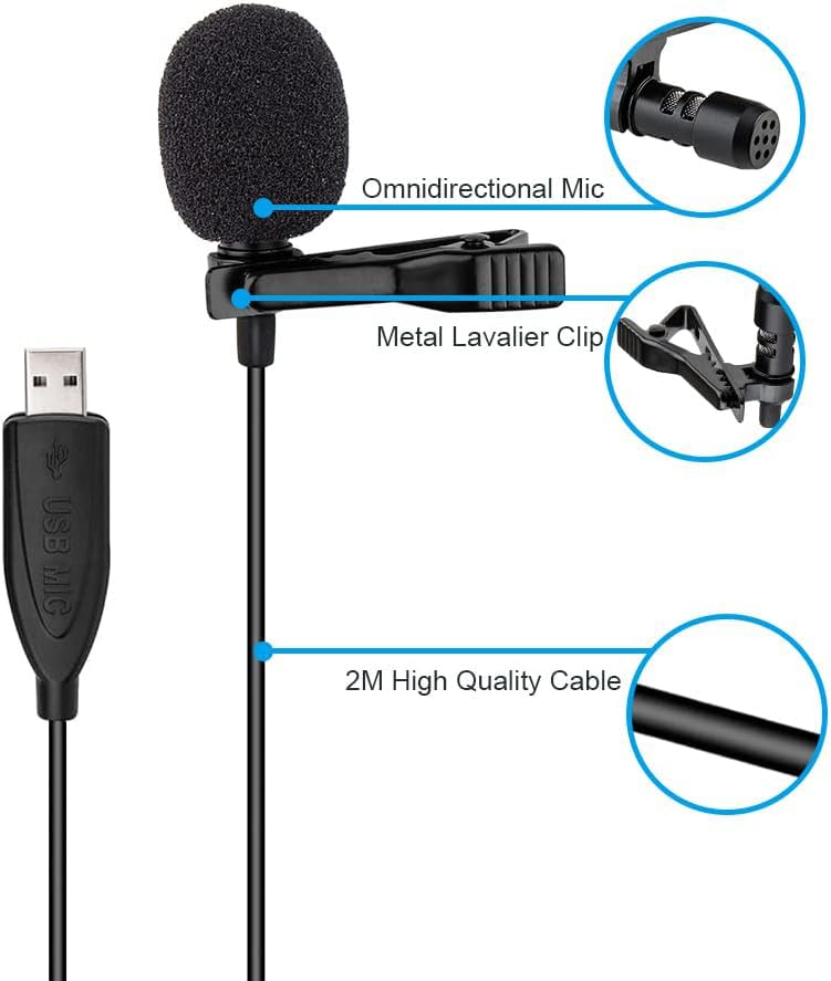 USB Lavalier Microphone, 6.6ft USB Microphone Plug & Play Omnidirectional Lapel Shirt Collar Clip on Mic for PC, Computer, Mac, Laptop, YouTube, Skype, Recording, Podcasting, Gaming