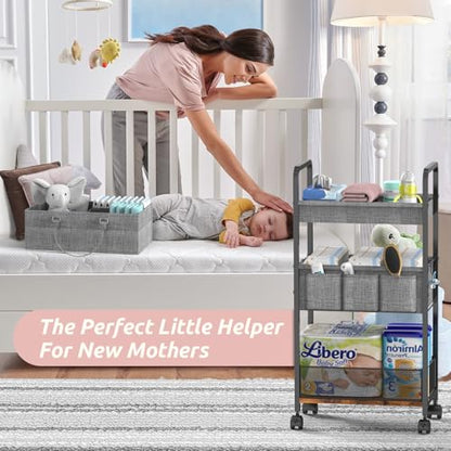 LIDTOP 2In1 Baby Diaper Caddy & 3-Tier Rolling Diaper Cart, Diaper Caddy Organizer Cart with Dividers, Mobile Metal Utility Cart for Nursery Essentials, Detachable Bedside Cart, Large Capacity - color: Black