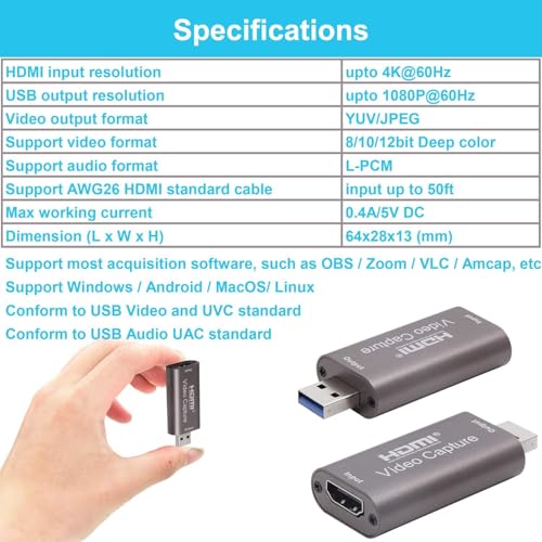 4K HDTV to USB Capture Card, Video Capture Card Device,1080P HD Video Recorder,Game Capture Card for Streaming,Recording,Gaming,Broadcasting,Teaching,PS3/4,Xbox,Twitch Compatible,（Silver Gray）