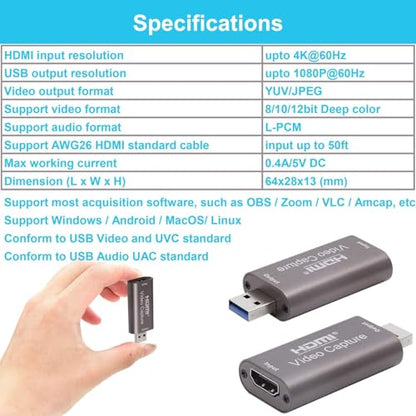 4K HDTV to USB Capture Card, Video Capture Card Device,1080P HD Video Recorder,Game Capture Card for Streaming,Recording,Gaming,Broadcasting,Teaching,PS3/4,Xbox,Twitch Compatible,（Silver Gray）