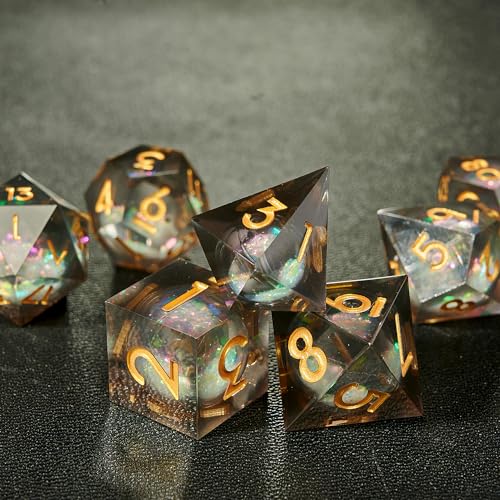 Polyhedral Dice Set 7-Piece, Sharp Edge Black and White Resin Iridecent Mylar Galaxy Dice for Dungeons Dragons D and D RPGs, MTG, Pathfinder and Board Games - color: Resin Black