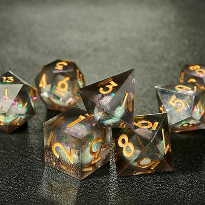 Polyhedral Dice Set 7-Piece, Sharp Edge Black and White Resin Iridecent Mylar Galaxy Dice for Dungeons Dragons D and D RPGs, MTG, Pathfinder and Board Games - color: Resin Black