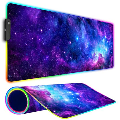 RGB Gaming Mouse Pad, Large Mousepad with Led Light, Gaming Accessories Keyboard Pad for Desk, Non-Slip Rubber Base Big Mouse Mat for Gamer, 31.5 X 11.8 Inch, Purple Galaxy - color: 07 Purple Galaxy