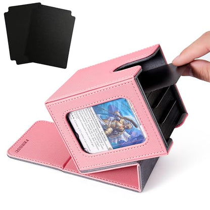 MTG Deck Box with Commander Display Window (Pink&Grey, 1 window) | Holds 120 Single/100 Double-Sleeved Cards, Fit MTG/PTCG/OPTCG Cards, Strong Magnet, PU Leather, With 2 Dividers & 1 Toploader - color: Pink and Grey