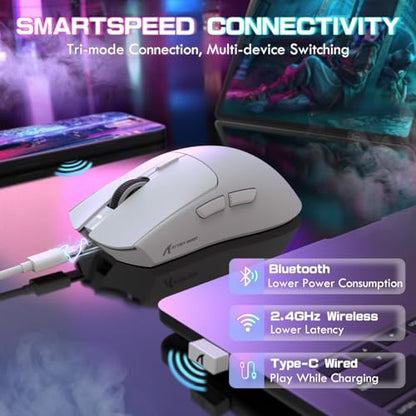 ATTACK SHARK X1 Ultralight Tri Mode Wireless 40000 DPI Gaming Mouse-White | Magnetic RGB Charging Dock,PixArt PAW3395 Pro Sensor,BT/2.4Ghz/Wired,1K Polling,Optical Micro Switch,Driver for PC Mac Gamer - color: White