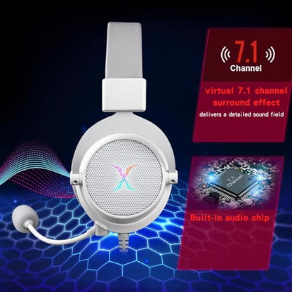 FOXXRAY HAU-37 USB Gaming Headset for PC, Computer Headphones with Microphone, 7.1 Surround Sound, 50MM Dynamic Drivers, RGB Light, Wired Headphones for PS4, PS5, Laptop - color: White