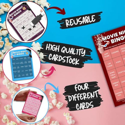 XOXO Parents Movie Night Bingo Cards, Reusable Supplies - Action | 4 reusable dry-erase cards, markers included, fun for kids & adults, guys night game, blockbuster movie lover gift