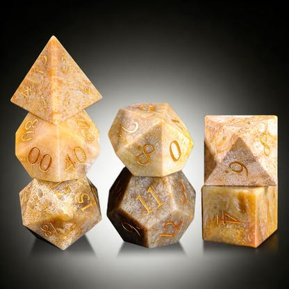 Natura Chrysanthemum Stone Dice Set, 7-Piece Handcrafted Polyhedral Dice with Gold Engraving, Ideal for D&D, RPG, MTG & Tabletop Games, Gift Box Included (Chrysanthemum Stone) - color: Chrysanthemum Stone
