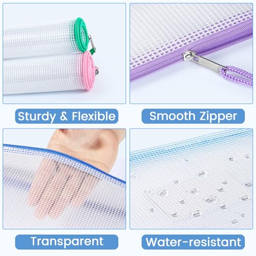 Sooez 14 Pack Mesh Zipper Pouch Bags, A4 Letter Size, Classroom Zipper Bags | Waterproof Bag Organizer with Label Pocket, School Office Teacher Student Supplies, Storage Pouches Board Game Toy Storage - style: 14 Pack