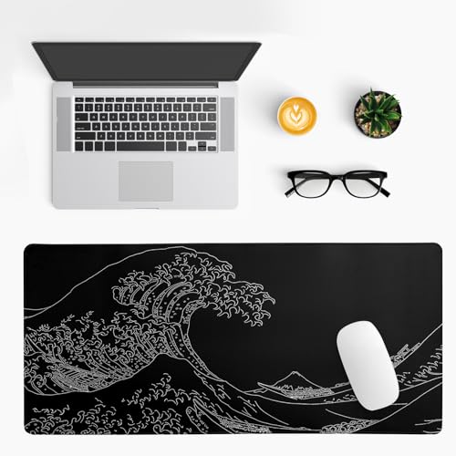 Japanese Sea Wave Large Mouse Pad Abstract Black Mouse Pad 31.5x11.8 Inch Black Kanagawa Texture Non-Slip Rubber Base Large Ocean Mousepad Stitched Edge Keyboard Mouse Mat Desk Pad for Office and Home - color: Japanese Sea Wave1