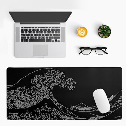 Japanese Sea Wave Large Mouse Pad Abstract Black Mouse Pad 31.5x11.8 Inch Black Kanagawa Texture Non-Slip Rubber Base Large Ocean Mousepad Stitched Edge Keyboard Mouse Mat Desk Pad for Office and Home - color: Japanese Sea Wave1