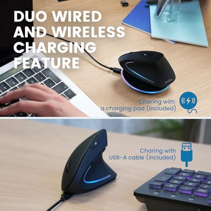 Perixx PERIMICE-713RX Wireless Rechargeable Vertical Mouse - Duo Wired and Wireless Charging Feature - Charging Pad Included - 6 Buttons Design - Black - Right-Handed Design - style: Wireless Rechargeable with Charging Pad