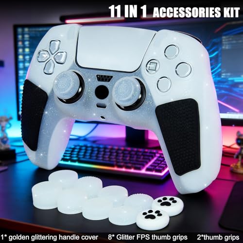 White Glitter Anti Slip Soft Thicked Studded Silicone Cover Skins Compatible with PS5 Controller,Include 8 PCS White Glitter Thumb Grips Glow and 2 Cat Paw Grips Accessories. - color: White Black