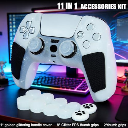 White Glitter Anti Slip Soft Thicked Studded Silicone Cover Skins Compatible with PS5 Controller,Include 8 PCS White Glitter Thumb Grips Glow and 2 Cat Paw Grips Accessories. - color: White Black