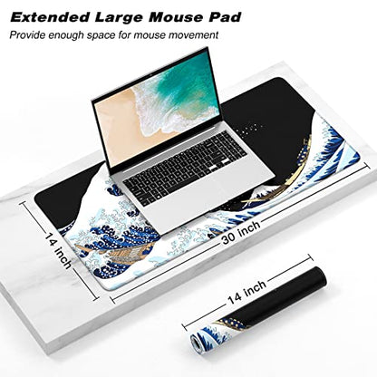 Extended Gaming Mouse Pad, XXL Large Desk Pad 30 x 14 Inch, Big Computer Keyboard Mousepad, Waterproof Mouse Mat with Stitched Edges and Non-Slip Base for Women Office Gaming, Sea Waves - color: Sea Waves