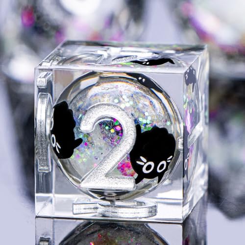 DND Cat Dice Set Colorful White Sharp Edge Dice with Box, RPG D and D Dice Dungeons Dragons Role Playing Game Polyhedral Resin Dice Set D20 D12 D10 D8 D6 D4 - color: Colorful White Silver
