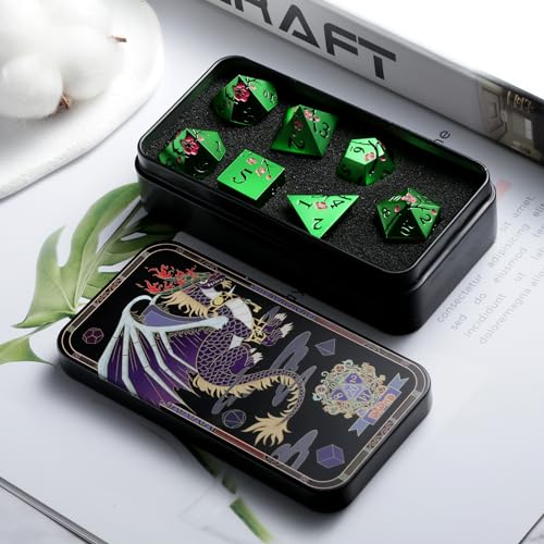 Matt Green Metal Dice Set, DNDND 7 PCS Heavy Metallic D&D Dice Set with Gorgeous Gift Case for Dungeons and Dragon Tabletop Game (Matte Green with Pink Flower) - color: Flower Green