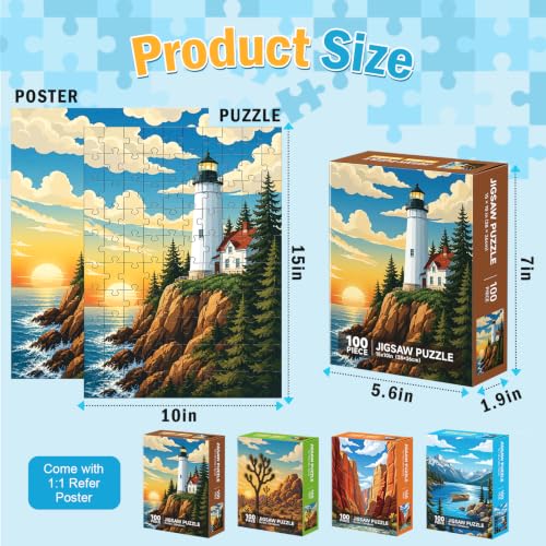4-Pack 100 Piece Puzzle, National Parks 100 Piece Puzzles for Adults Seniors, Zion Acadia Joshua Tree Lake Tahoe Large Piece Puzzles for Seniors Adults, Mountain Lake Nature Landscape Puzzle Gifts