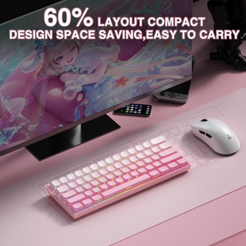 Aula MINI60 HE PRO Wireless Gaming Keyboard 60%,Hall Effect Rapid Trigger Magnetic Keyboard,8000Hz Polling,Tri-Mode(BT5.0/2.4GHz/USB-C),RGB Hot Swappable Compact Pink Mechanical Keyboard for Gamer - color: Pro-Pink Side