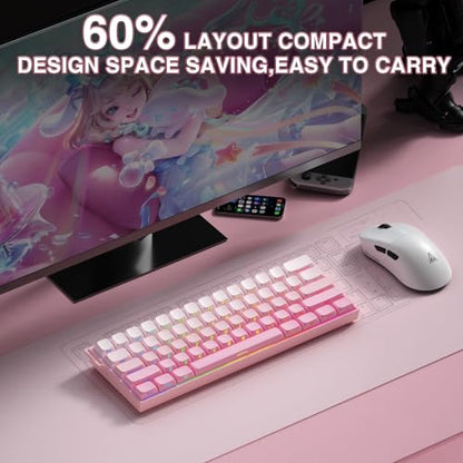 Aula MINI60 HE PRO Wireless Gaming Keyboard 60%,Hall Effect Rapid Trigger Magnetic Keyboard,8000Hz Polling,Tri-Mode(BT5.0/2.4GHz/USB-C),RGB Hot Swappable Compact Pink Mechanical Keyboard for Gamer - color: Pro-Pink Side