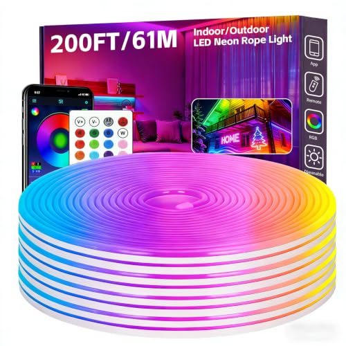 200FT RGB LED Neon Rope Lights, App & Remote Control, Flexible Waterproof IP65 Led Strip Lights, Music Sync Color Changing Multiple Modes Neon Lights for Bedroom Gaming Room Indoor & Outdoor Decor - size: 200FT