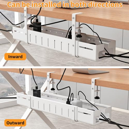 Under Desk Cable Management Tray, Expandable Length 25.2"-38.6",No Drill No Damage to Desk,Cable Tray with Clamp for with Wire Management,for Cord Organizer for Home Office Standing Desk, White