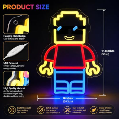Building Blocks Man Neon Signs for Wall Decor - Block Figure LED Signs with Dimmer Switch, 8.7"x11.8", UV Printed, 5V Power Neon Lights for Boys Roo