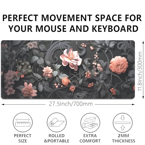 Black Floral Large Mouse Pad Desk Pad,27.5x11.8 in Extended Keyboard Mousepad with Stitched Edges, Waterproof Non-Slip Rubber Base for Office Computer Laptop Home - color: Black Flower