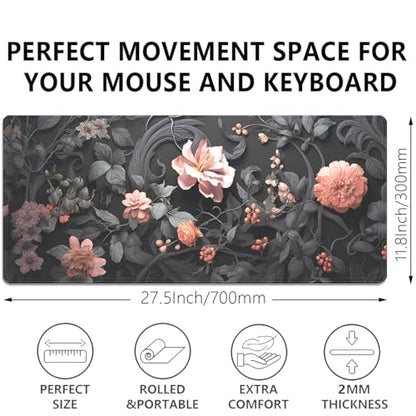 Black Floral Large Mouse Pad Desk Pad,27.5x11.8 in Extended Keyboard Mousepad with Stitched Edges, Waterproof Non-Slip Rubber Base for Office Computer Laptop Home - color: Black Flower