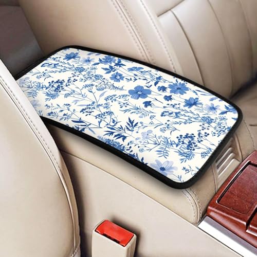 Blue Floral Auto Center Console Cover – Soft Waterproof Car Armrest Box Pad, Universal Fit for Most Vehicles, SUVs, Trucks - color: Vintage Blue Floral Plants