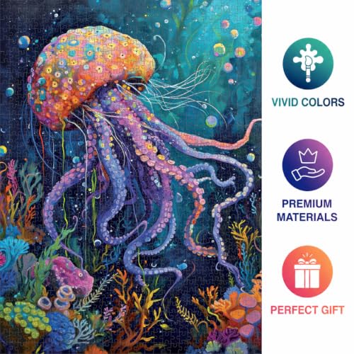 Cross & Glory | 1000 Piece Jigsaw Puzzles for Adults | Ocean’s Opus | The Majestic Medusa | Jellyfish Puzzle | Satin Finish Ocean Puzzle | Ages 14+ - color: Ocean's Opus the Majestic Medusa