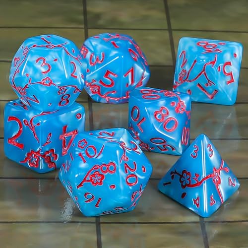 CiaraQ 7pcs Polyhedral Dice Set for Dungeon and Dragons MTG Table Games | Acrylic Role Playing Dice for D&D with Black Velvet Bag – Cyan Blue Pearl with Red Numbers & Plum Blossom Patterns - color: Cyan Blue and Red Floral Dice