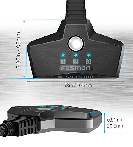 Fosmon 4K HDMI Switch 3 in 1 out 4K@60Hz, 3-Port HDMI Switcher HD 1080P 60Hz HDCP 2.2, HDMI Splitter Hub Compatible with HDTV, PS5/4, Xbox, Fire Stick - size: 4k@60Hz