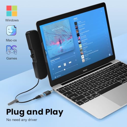 Cirqon Computer Speakers for Desktop PC, Easy Volume Knob, Sturdy Clamp, Clear Loud Sound, Laptop Speakers with Compact Design, USB/USB C Adapter for Power and Audio(Black)