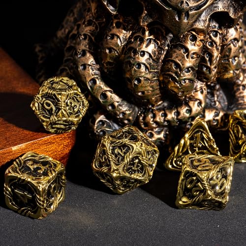 7-Die Metal DND Dice Set Role Playing Dice for RPG Table Games | Vine Design PU Leather Pouch for Dungeons and Dragons - color: Vine-gold Black