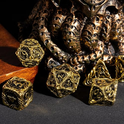 7-Die Metal DND Dice Set Metallic Polyhedral Role Playing Dice | Vine Design PU Leather Pouch for Dungeons and Dragons RPG Table Games - color: Vine-gold Black