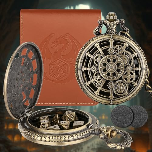 Bronze Hollow Gear Pocket Watch Shell Case with 7pcs Polyhedral Metal Dice, Steampunk Mini DND Dice Set, Table Top Game RPG Accessories, DND Starter Set, D&D Gifts with Leather Bag, Gift for Gamer - color: Bronze