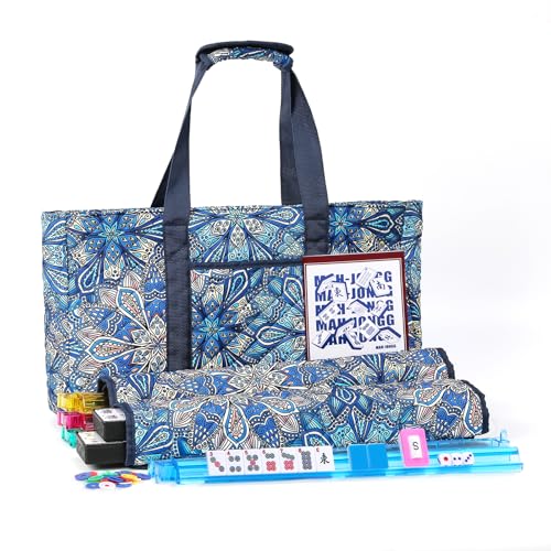 American Mahjong Tile Set with Blue Printed Carrying Bag, 166 Premium Tiles, 4 All-in-One Color Racks/Pushers, Mah Jongg Sets, Mahjong Game Set for Travel, Christmas, Birthday Gifts - color: Blue（blue Tiles）