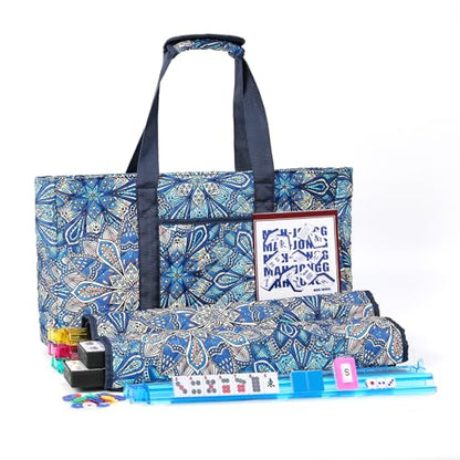 American Mahjong Tile Set with Blue Printed Carrying Bag, 166 Premium Tiles, 4 All-in-One Color Racks/Pushers, Mah Jongg Sets, Mahjong Game Set for Travel, Christmas, Birthday Gifts - color: Blue（blue Tiles）