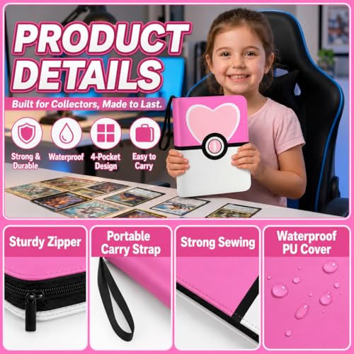 Card Binder 4 Pocket, Trading Card Holder Album Book, 50 Removable Sleeves Hold 400 Cards, PU Leather Zipper Portable Game Collection Card Case Ideal Gift (Pink) - color: Pink, size: Medium