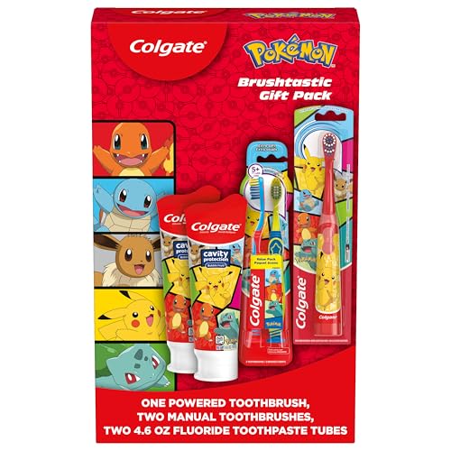 Colgate Kids Pokemon Toothbrush and Kids Toothpaste Gift Set, Includes Pokemon-Themed Battery Toothbrush, 2 Bubblegum Flavored Fluoride Toothpastes, and 2 Manual Toothbrushes - style: Pokemon