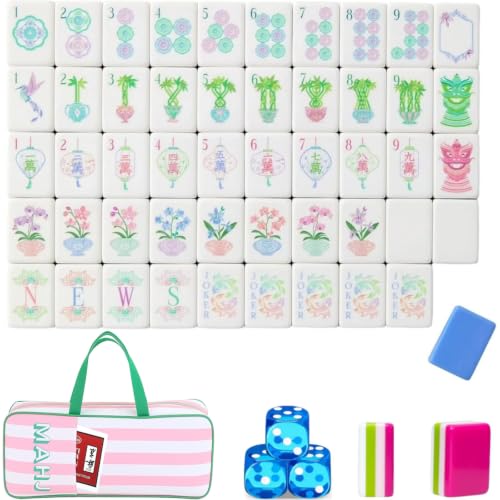 4 Layer Mahjong Tiles, 2026 Premium 160 Pcs Acrylic American Mahjong Tiles Set with Dice, Engraved Four Layer Mahjong Tile with Exquisite Carrying Bag, Home Trips Social Game (Mint Floral) - color: Mint Floral