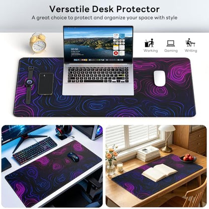 Large Gaming Mouse Pad, XL Desk Protector, Non-Slip Base | 31.5x15.7 in Extended Desk Mat with Stitched Edges for Keyboard, Work, Game, Office, Home PC and Laptop - color: Neon Contours