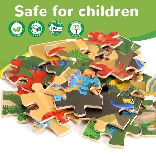 Wooden Puzzles Dinosaur Toys for Kids Ages 3-5, Set of 4 Packs with 20-Piece Wood Jigsaw Puzzles, Preschool Educational Brain Teaser Boards for Boys and Girls 3 4 5 6 Years Old - color: Dinosaur