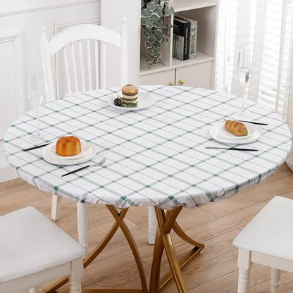 Walrus Round Vinyl Fitted Tablecloth with Flannel Backing Elastic Edge Design Table Cover Waterproof Oil-Proof PVC Table Cloth Stain-Resistant Best for 32"-36" Round - color: Green Plaid, size: 36" (Round)