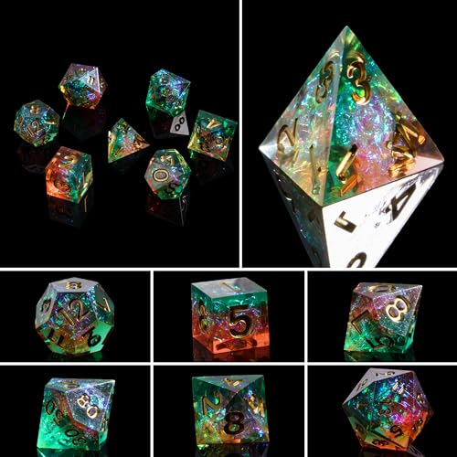 7PCS DND Dice Set,Handmade Sharp Edge Dice Set D&D RPG Polyhedral Die,for Dungeons and Dragons TTRPG Games Roleplaying Games Pathfinder,with Gift Box(Green with Brown) - color: Starry Sky(green With Brown)