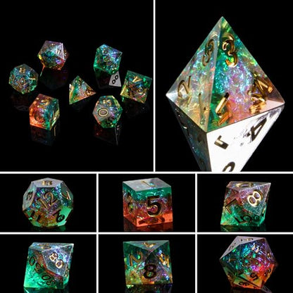 7PCS DND Dice Set,Handmade Sharp Edge Dice Set D&D RPG Polyhedral Die,for Dungeons and Dragons TTRPG Games Roleplaying Games Pathfinder,with Gift Box(Green with Brown) - color: Starry Sky(green With Brown)