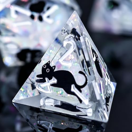 WizardsAracanum Cat Liquid Quicksand DND Dice Set Resin 7Pcs Dice DND with an Iron Box for DND COC Role Playing dice Games and Board Games Gift (Glitter Rainbow Black Cat) - color: Rainbow Giltter Black Cat